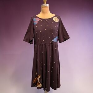 eShakti Fairycore Midi Dress w. Stars, Moon+ FOX Embroidery. Lagenlook. LARGE